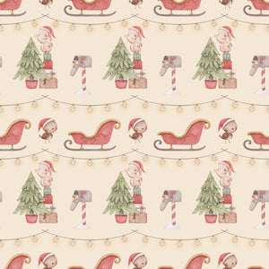 Bunnies decorating a Christmas tree and birds with sleds besides them