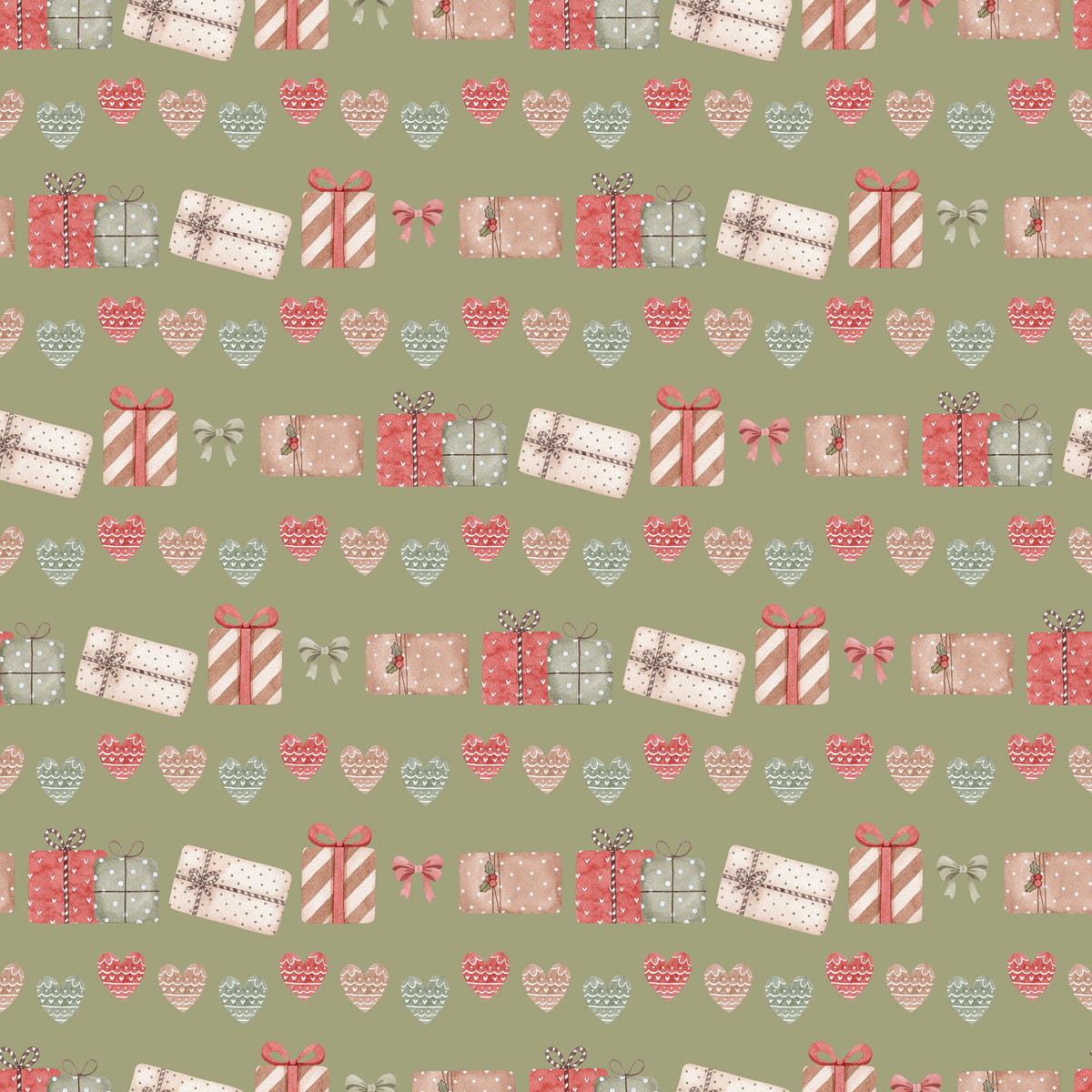 Green Christmas wrapping paper with gifts, bows and hearts
