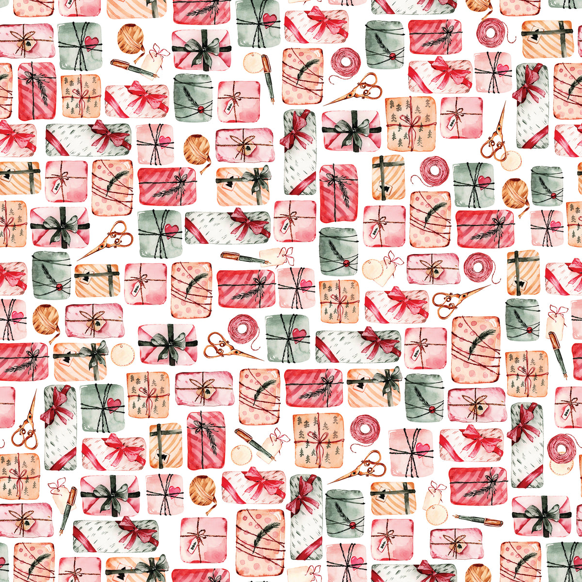 Christmas presents, ribbons, scissors and bows in a white background