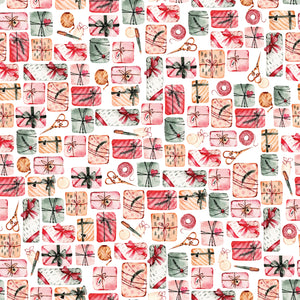 Christmas presents, ribbons, scissors and bows in a white background