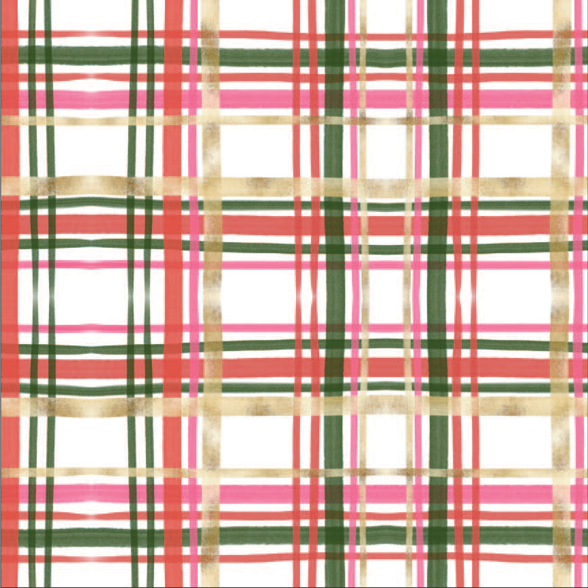 Christmas wrapping paper in plaid pattern in gold, pink, red and green