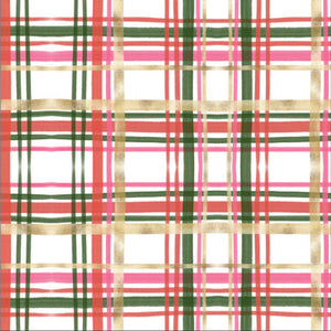 Christmas wrapping paper in plaid pattern in gold, pink, red and green