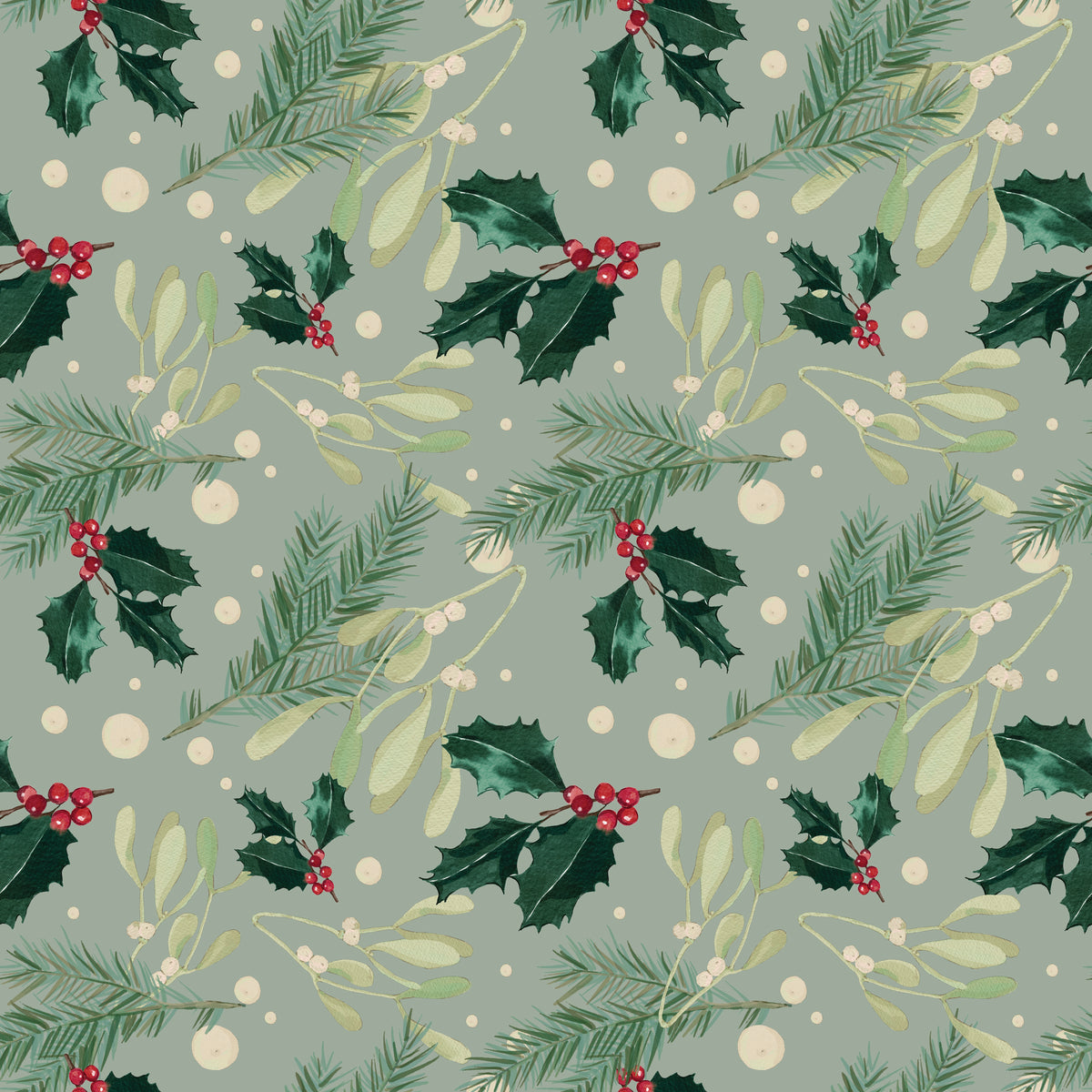 Pine tree branches and red berries in a green background