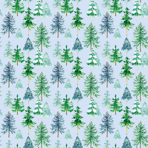 Pine trees in various tones of blue and green