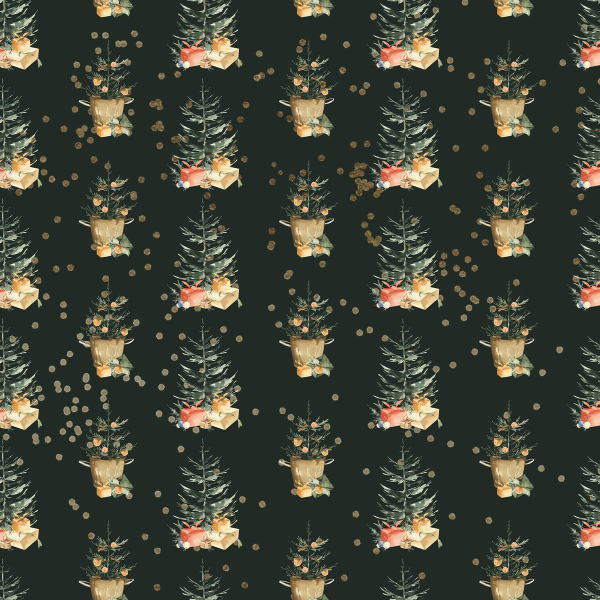 Christmas trees with ornaments and gifts under them in a dark green background