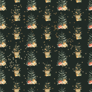 Christmas trees with ornaments and gifts under them in a dark green background