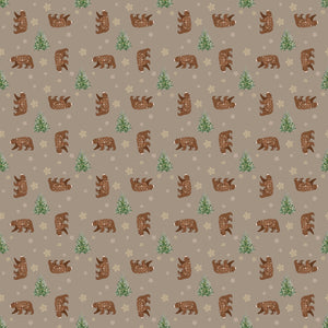 Bears around a Christmas tree with snowflakes in white and yellow besides them