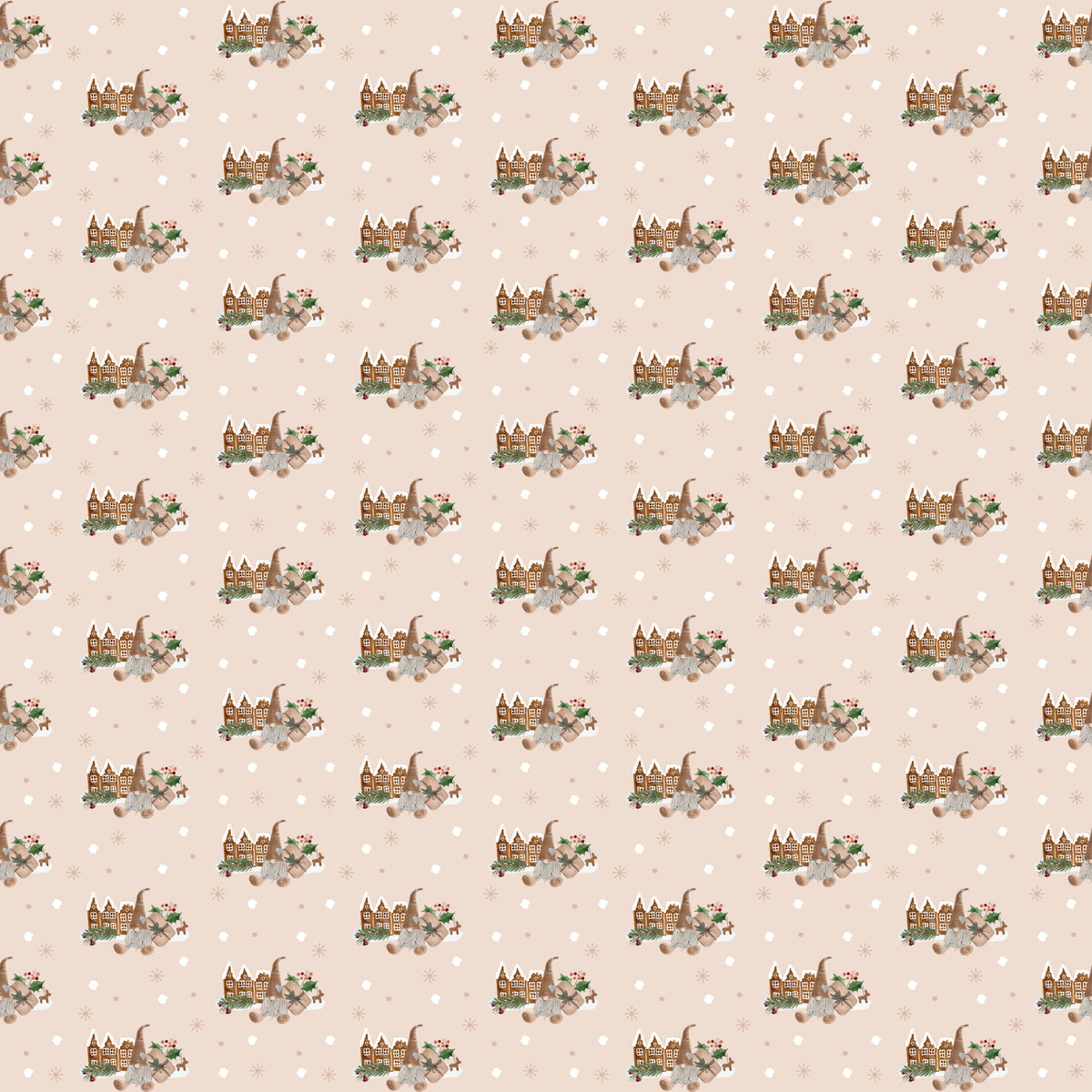 Gnomes with small brown houses and gifts besides them and snowflakes in the background