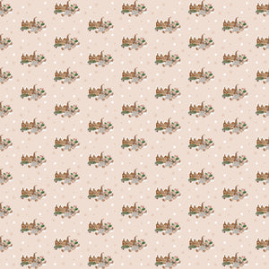 Gnomes with small brown houses and gifts besides them and snowflakes in the background