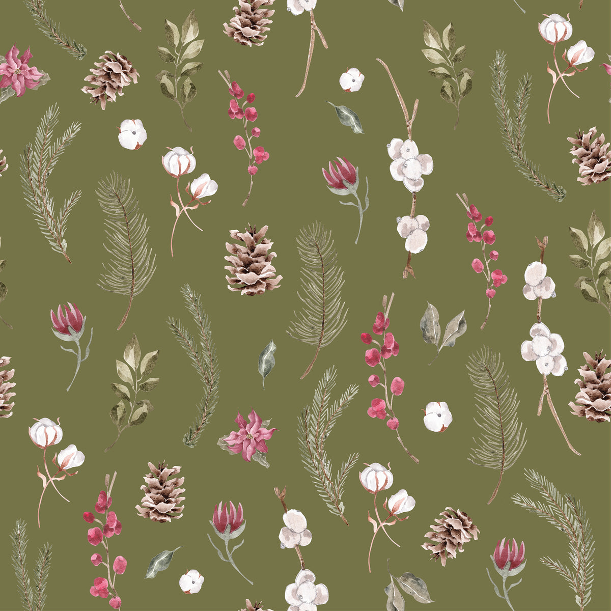 Green wrapping paper with pine cones, branches, pine leaves, poinsettias and flowers