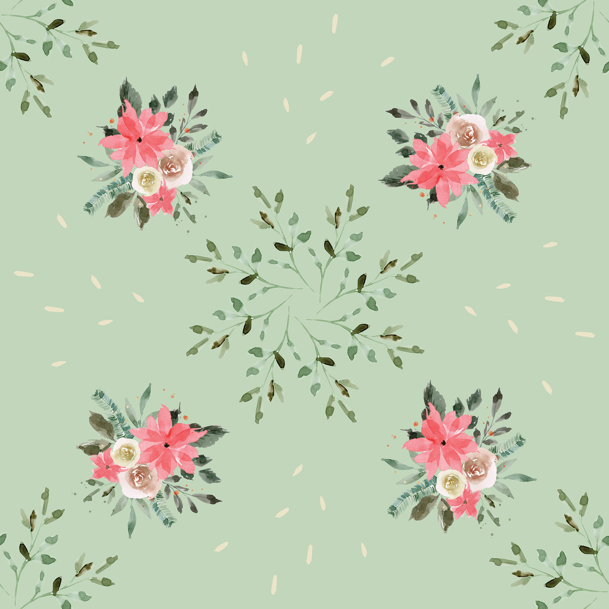 Poinsettias, flowers and leaves in a green background