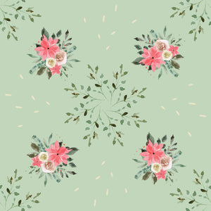 Poinsettias, flowers and leaves in a green background