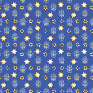 Blue wrapping paper with blue hamsa and Gold Stars