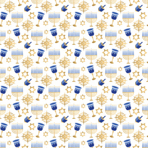 White wrapping paper with Gold Stars, Menorahs and Dreidels