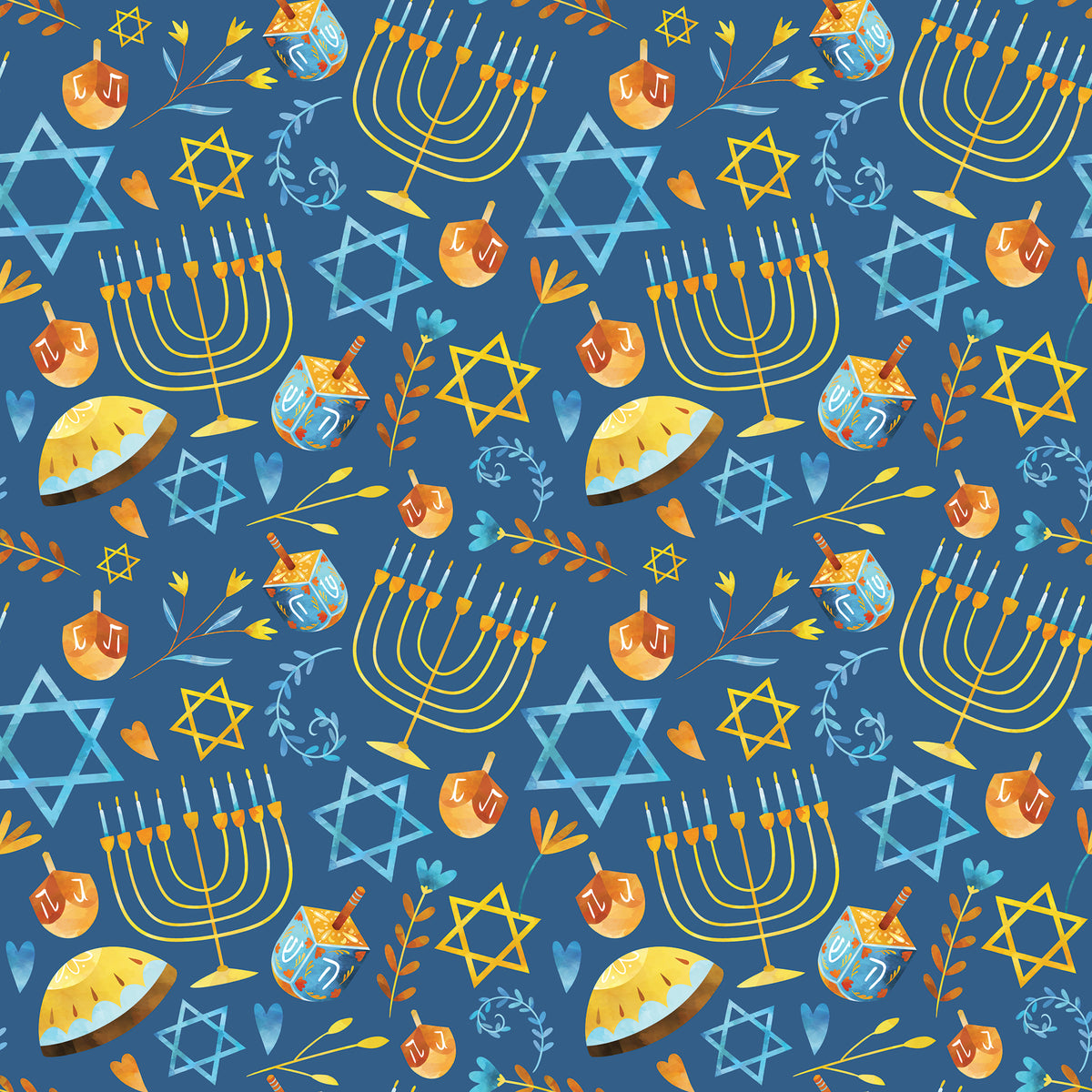 Blue wrapping paper with Stars of David in blue and yellow, branches, orange and blue Dreidels and yellow Menorahs