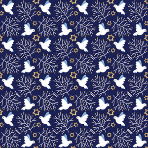 Blue wrapping paper with white doves, gold stars and white branches