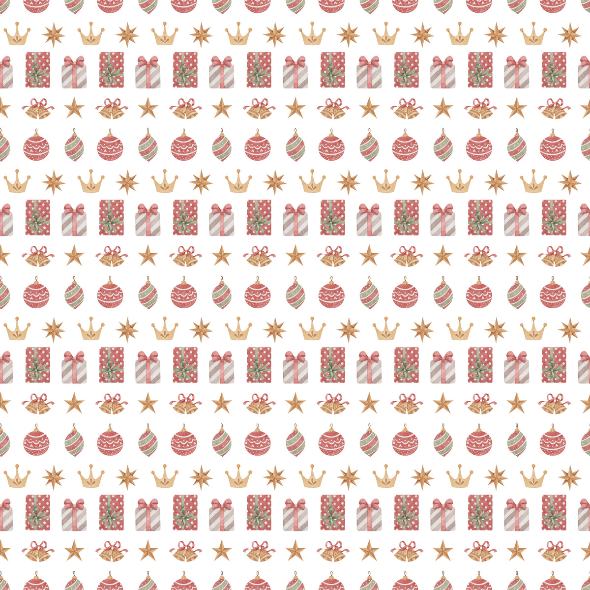 White wrapping paper with gifts, crowns, bells and ornaments