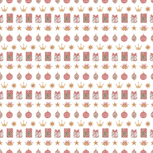 White wrapping paper with gifts, crowns, bells and ornaments