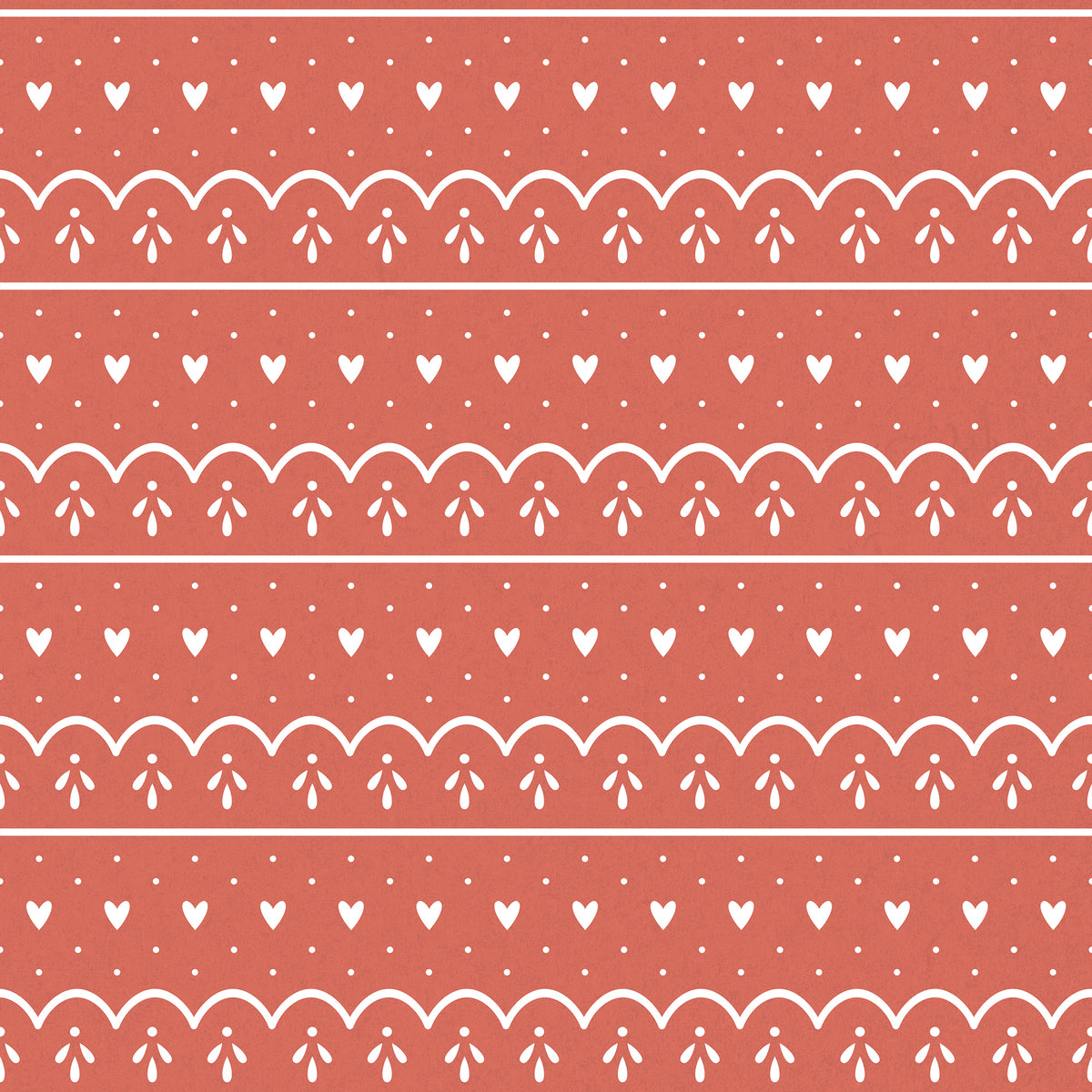 Red wrapping paper with white hearts, dots and scallops