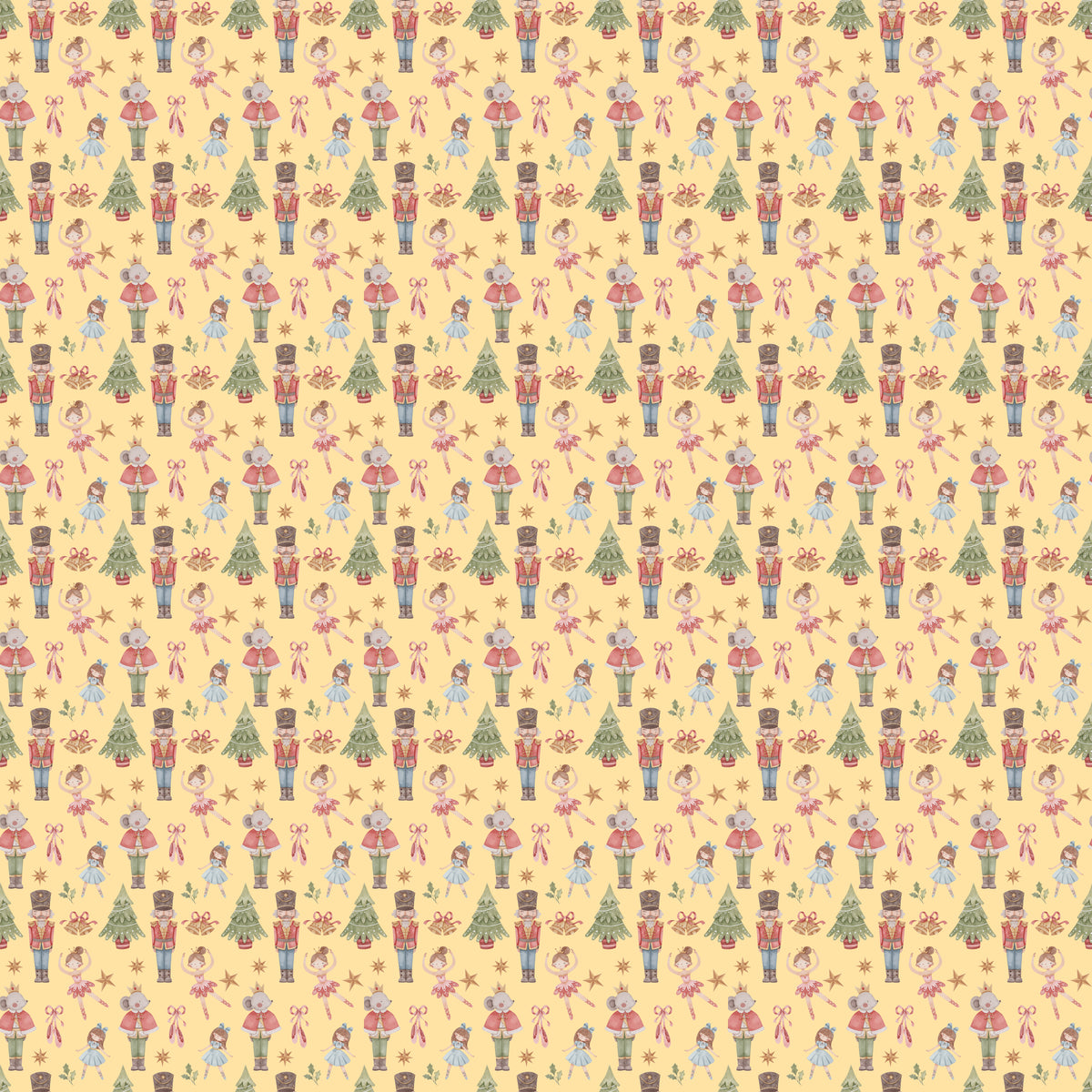 Nutcrackers with Christmas trees, the Mouse King and ballerinas in a yellow background