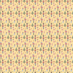 Nutcrackers with Christmas trees, the Mouse King and ballerinas in a yellow background