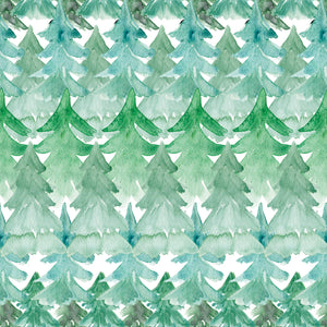 Collage of pine trees in a variety of green tones