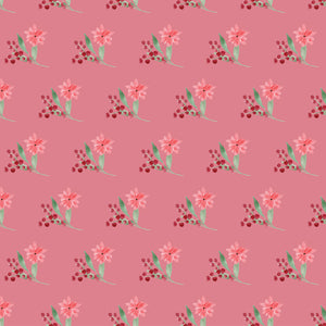 Pink wrapping paper with poinsettias and red berries