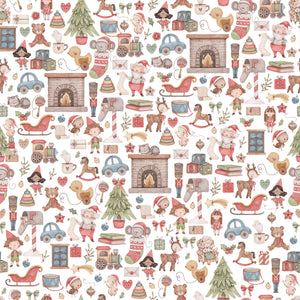 White wrapping paper with Santa, gnomes, toys and Christmas trees