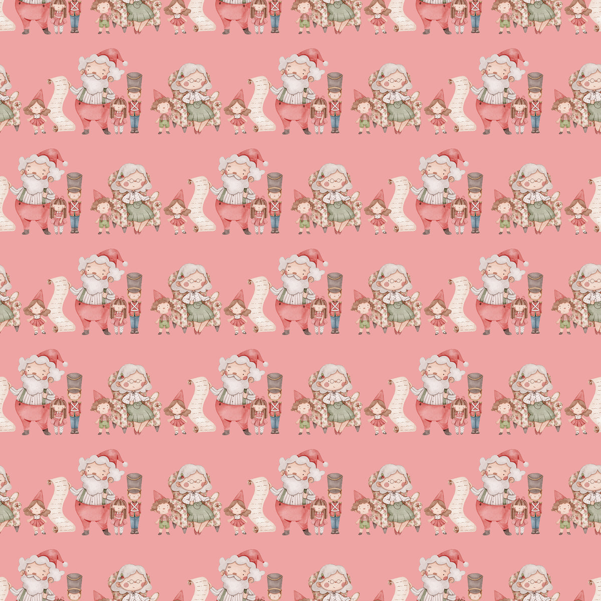 Santa Claus and Misses Claus with Nutcrackers, dolls and gnomes