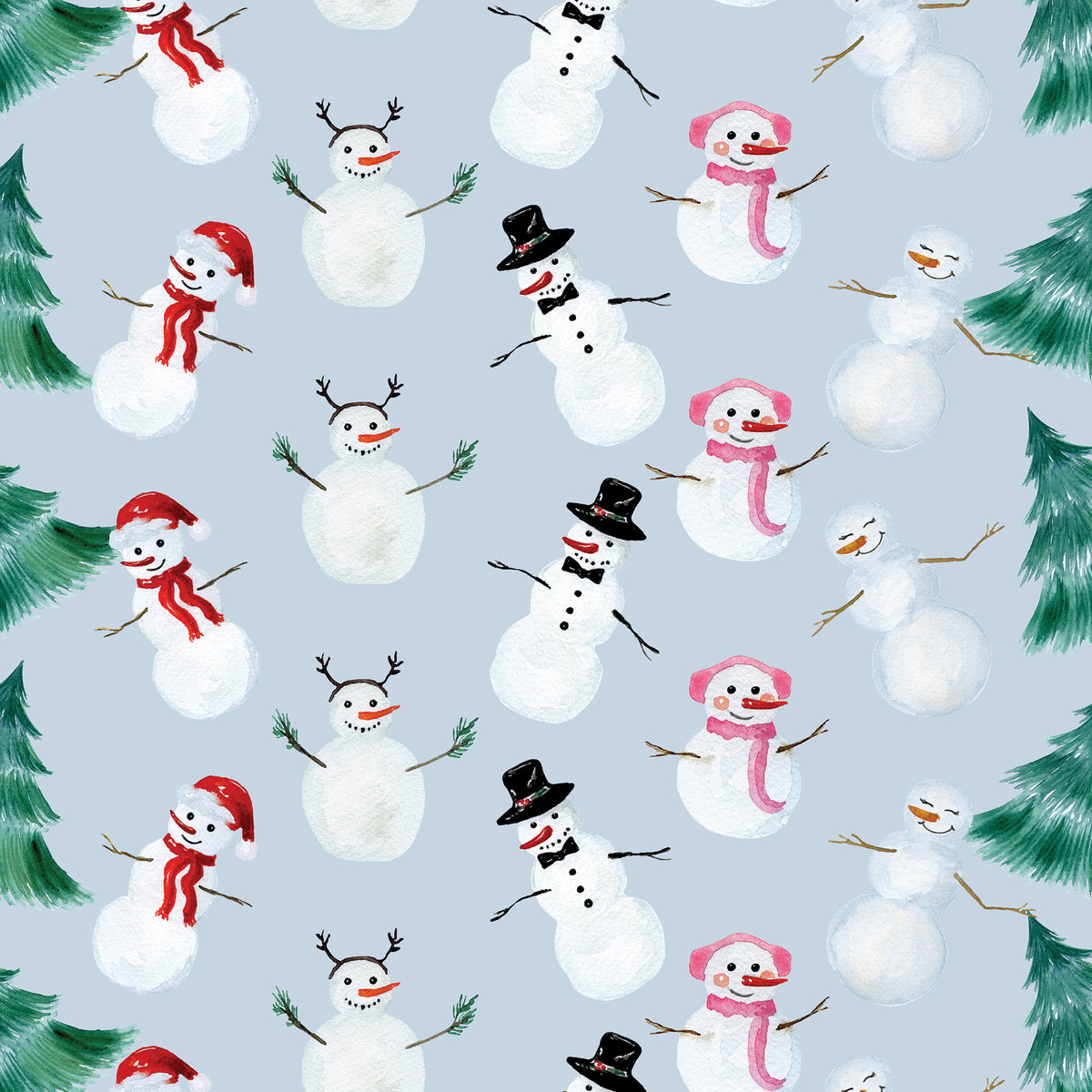 Snowmen with hats and scarfs besides pine trees