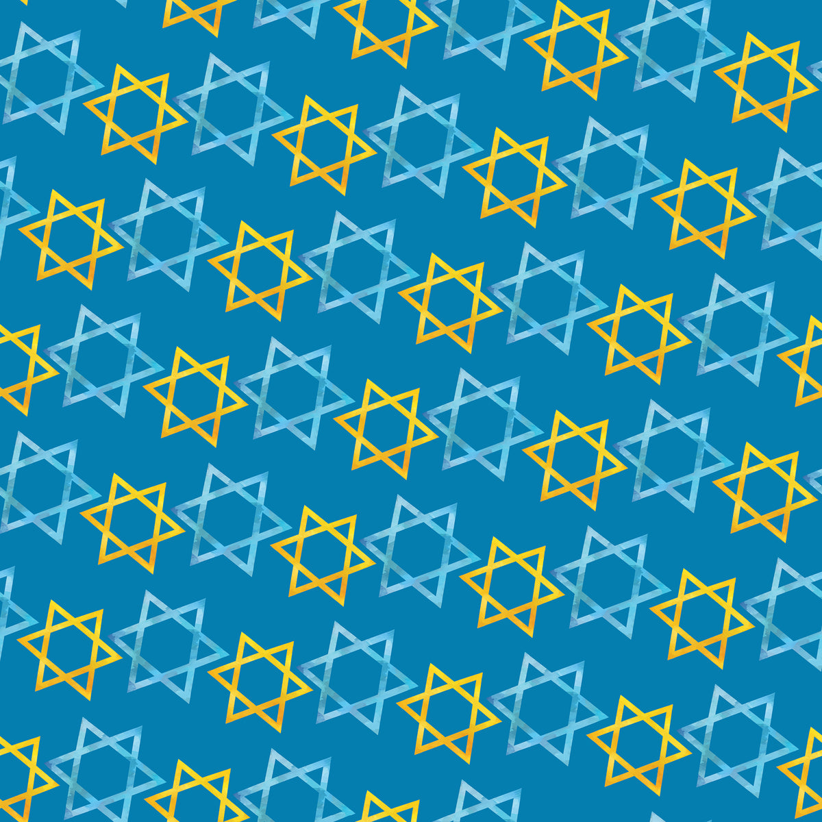 Blue Hanukkah wrapipng paper with Stars of David in yellow and blue