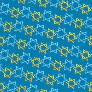 Blue Hanukkah wrapipng paper with Stars of David in yellow and blue