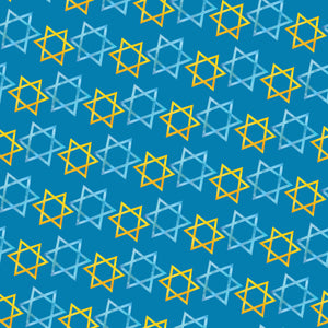 Blue Hanukkah wrapipng paper with Stars of David in yellow and blue