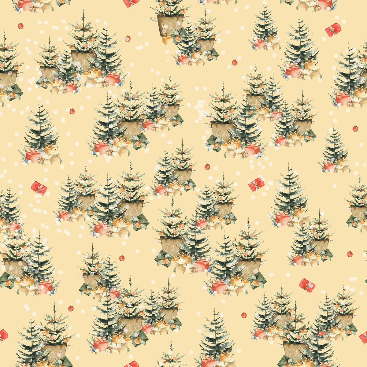 Christmas trees with gifts under them in a yellow background