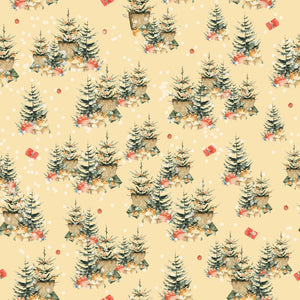 Christmas trees with gifts under them in a yellow background