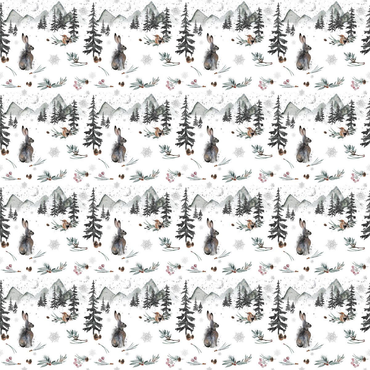 Rabbits, birds and pine trees in the snow