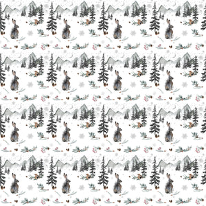 Rabbits, birds and pine trees in the snow