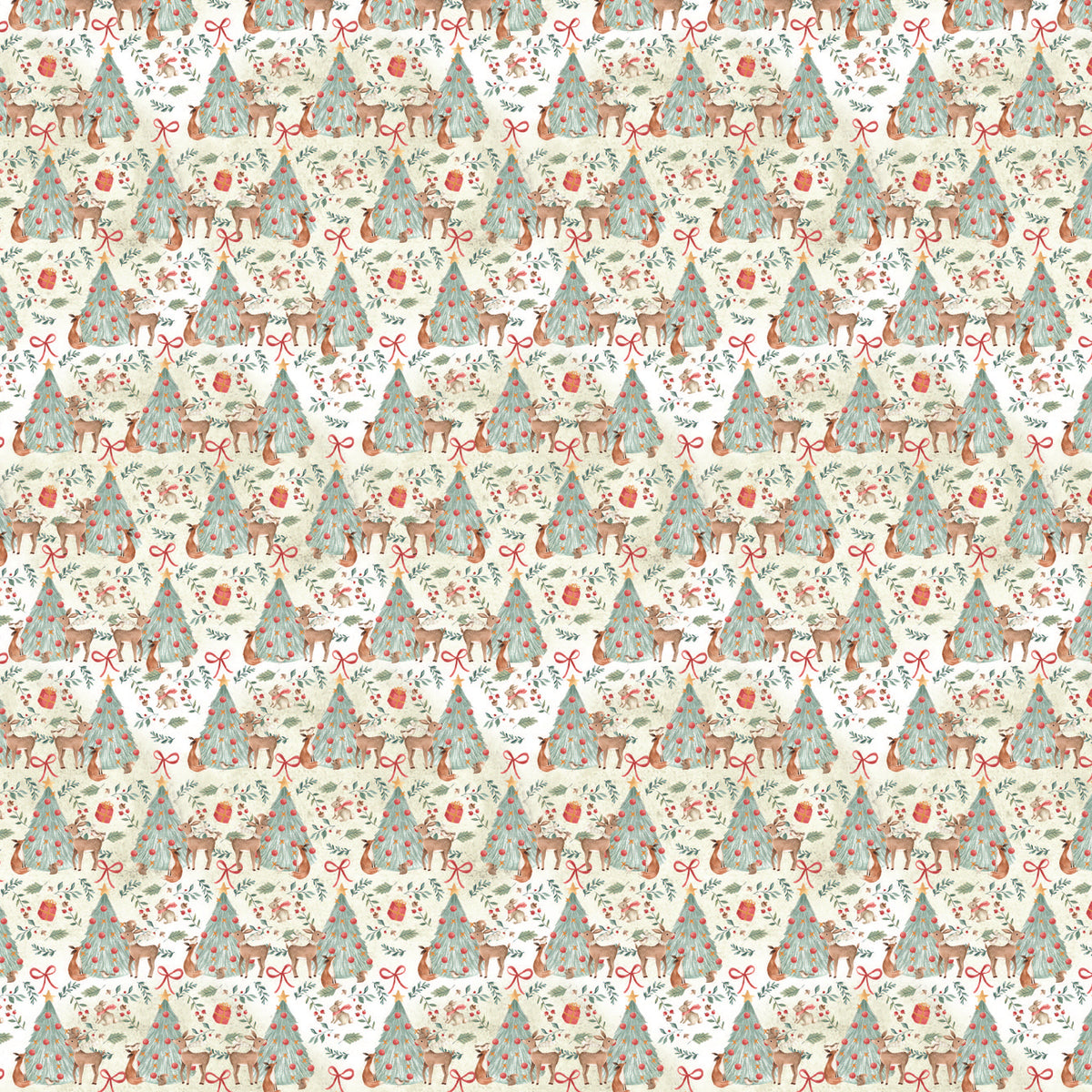 Christmas trees with ornaments and bows and deers and foxes besides them