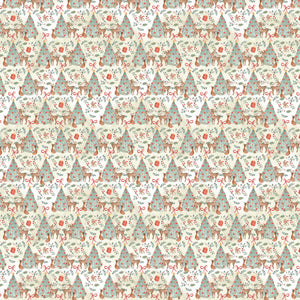 Christmas trees with ornaments and bows and deers and foxes besides them