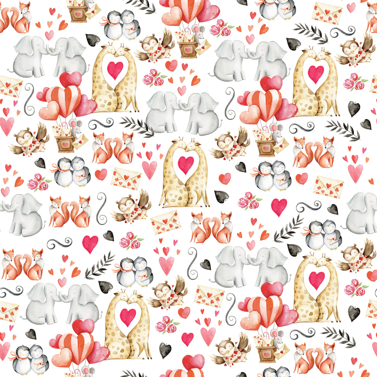 Woodland Animals Kissing (White) - Wrapping Paper