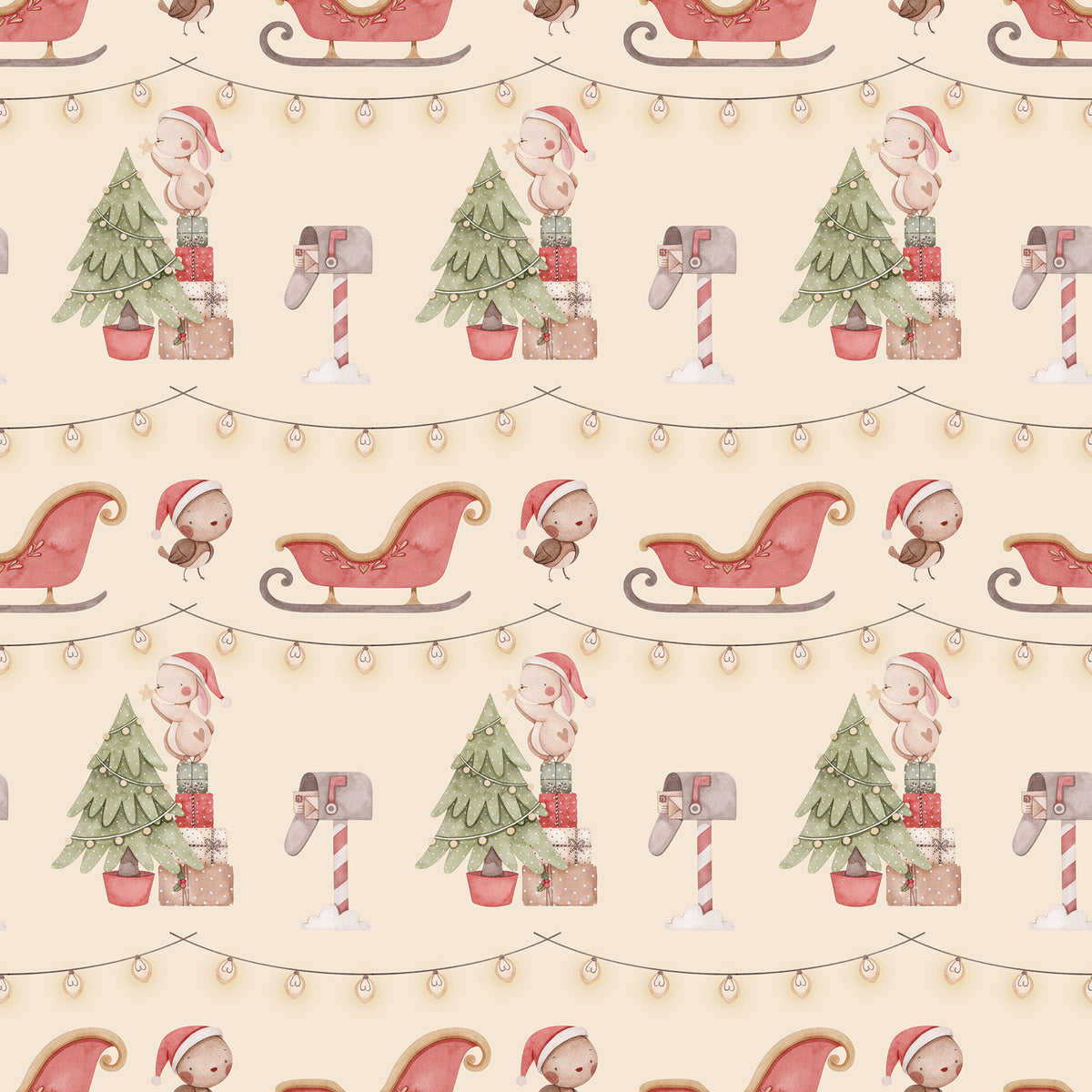 Bunnies decorating a Christmas tree and birds with sleds besides them