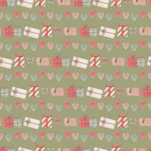 Green Christmas wrapping paper with gifts, bows and hearts