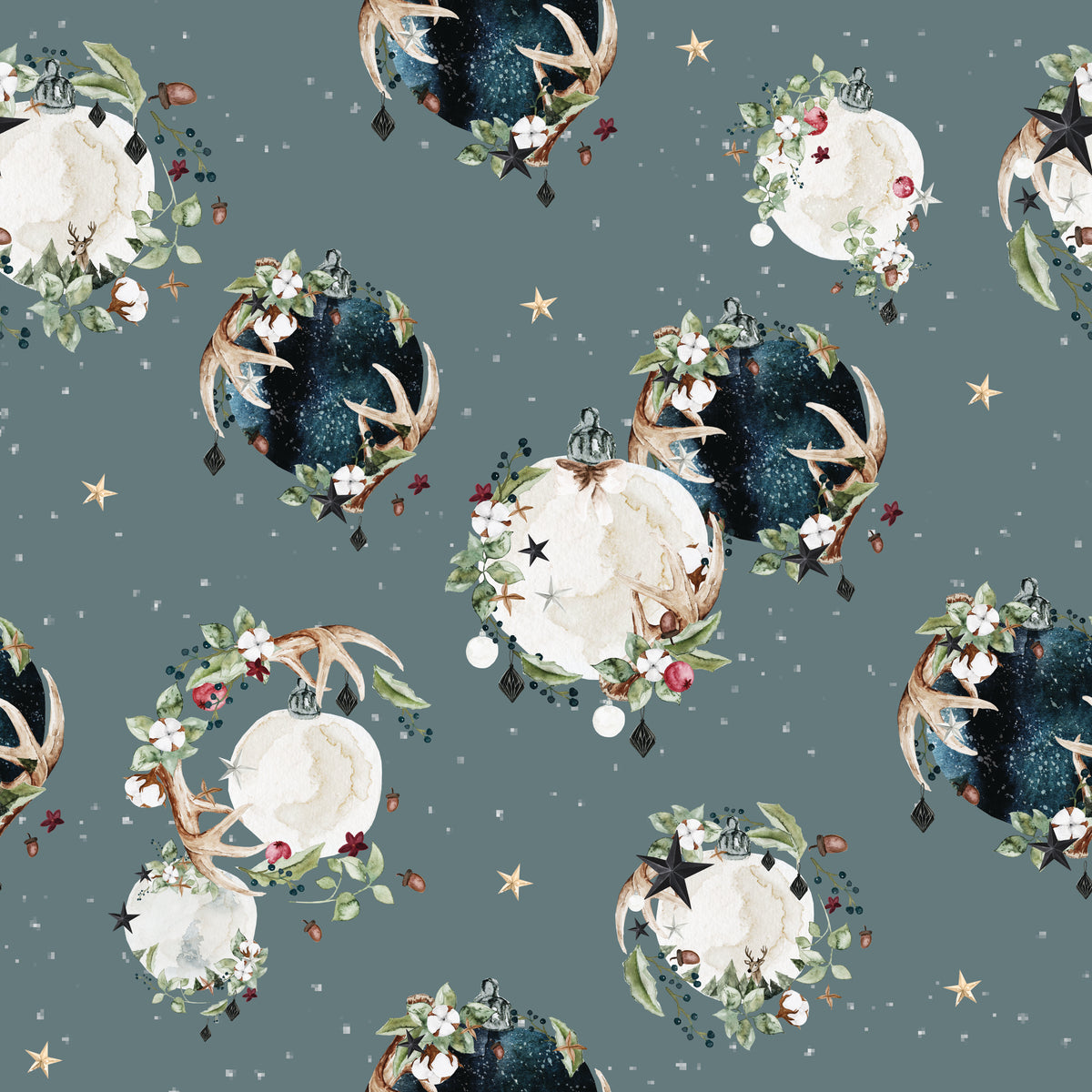 White and blue Christmas ornaments with branches in a green background