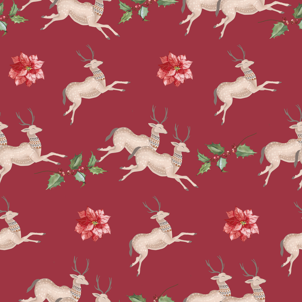 Reindeers leaping with poinsettias and red berries besides them