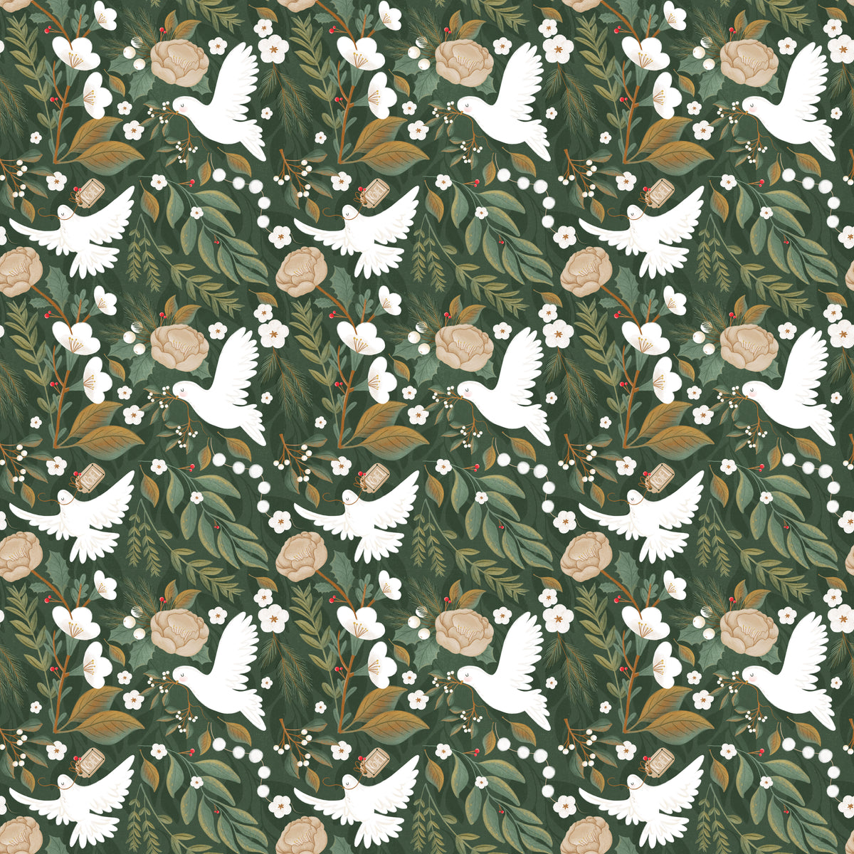 Christmas Doves in Green - Wrapping Paper