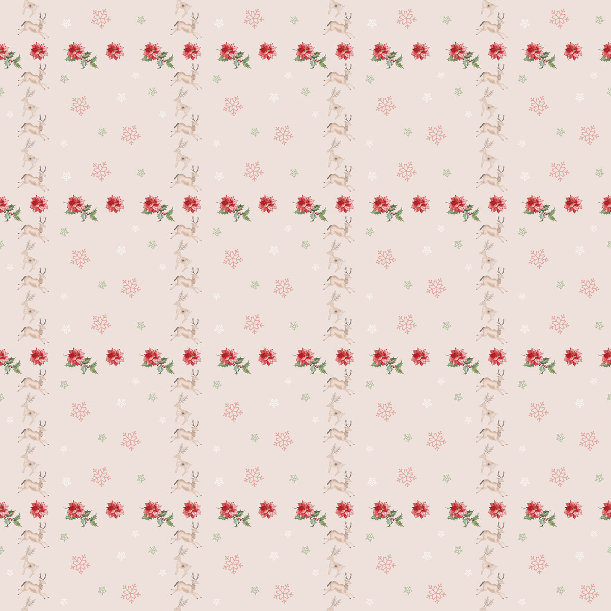 Poinsettias and reindeers with snowflakes in red and green