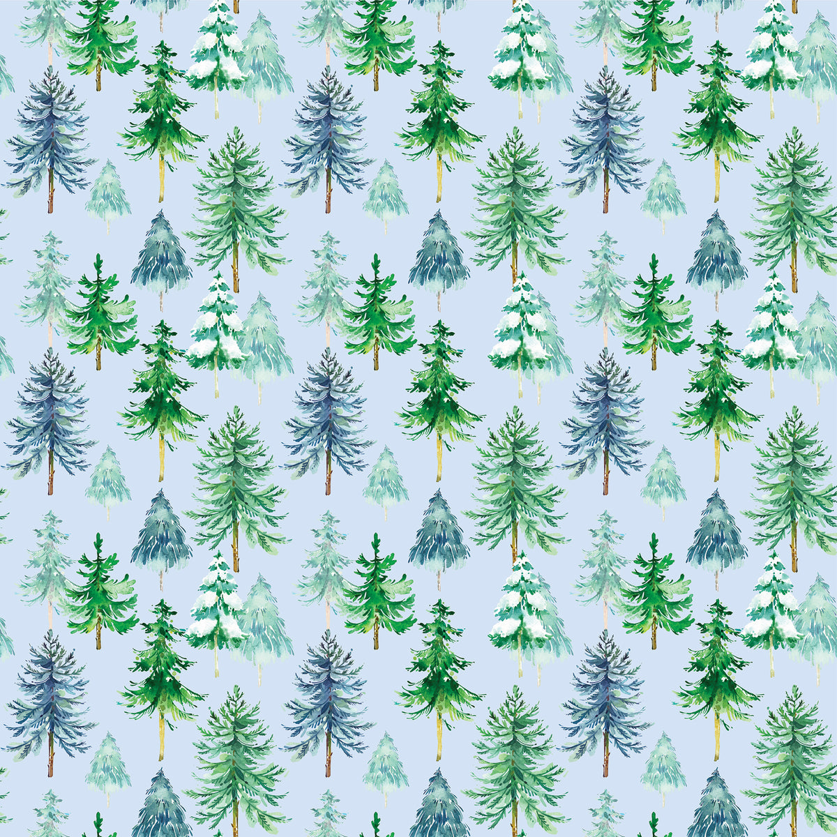 Pine trees in various tones of blue and green