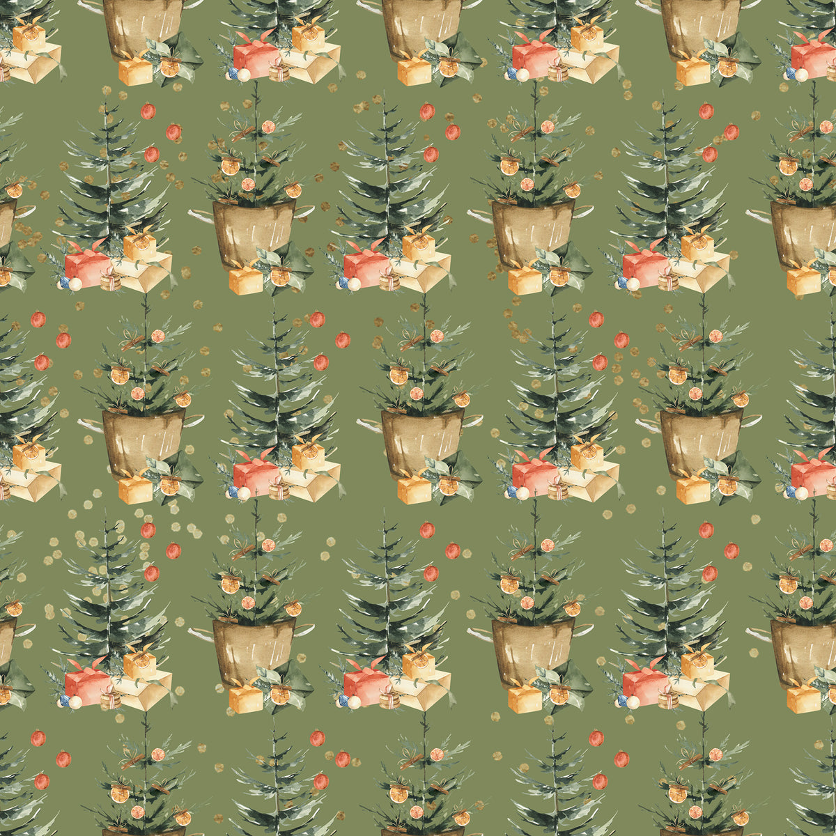 Christmas trees with ornaments and gifts under them in a green background