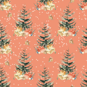 Christmas trees with gifts under them and snow falling in a light orange background