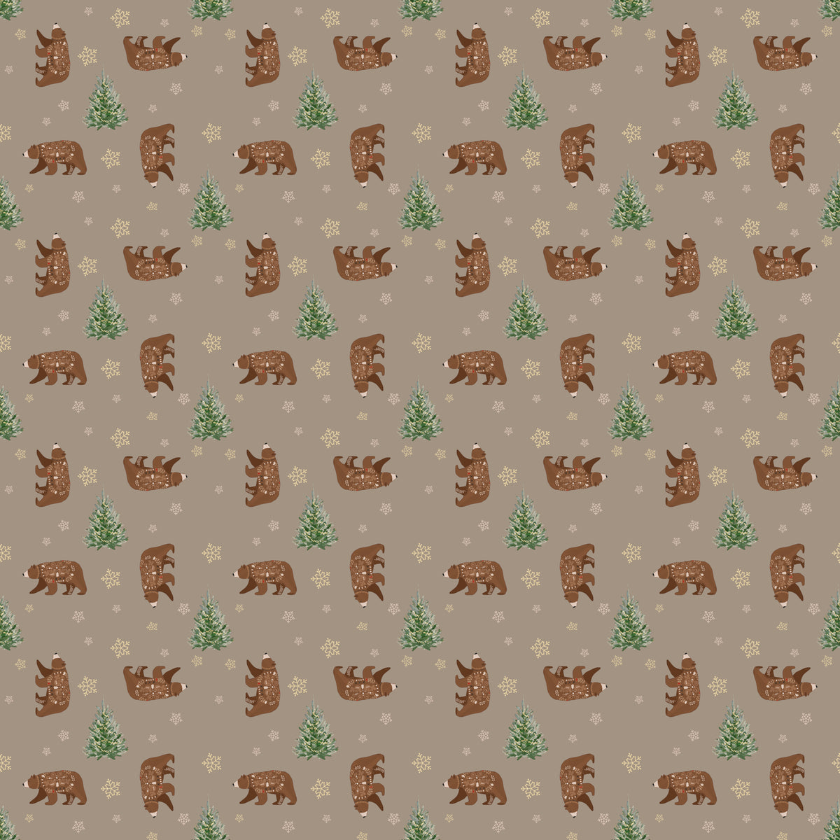 Bears around a Christmas tree with snowflakes in white and yellow besides them